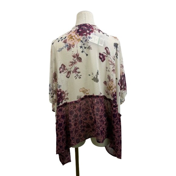 Jolt Womens Ivory & Purple Floral Kimono Cardigan With Lace Trim Polyester Sz L - Picture 2 of 9